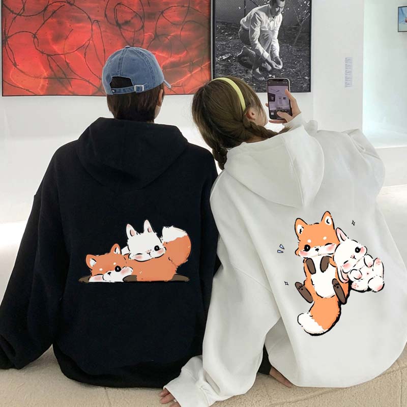 Modakawa Girlfriend Boyfriend Cartoon Fox Bunny Print Loose Hoodie