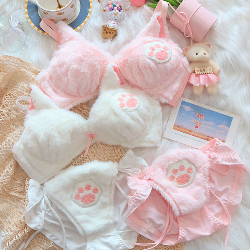 Kawaii Cat Claw Embroidery Plush Lingerie Set