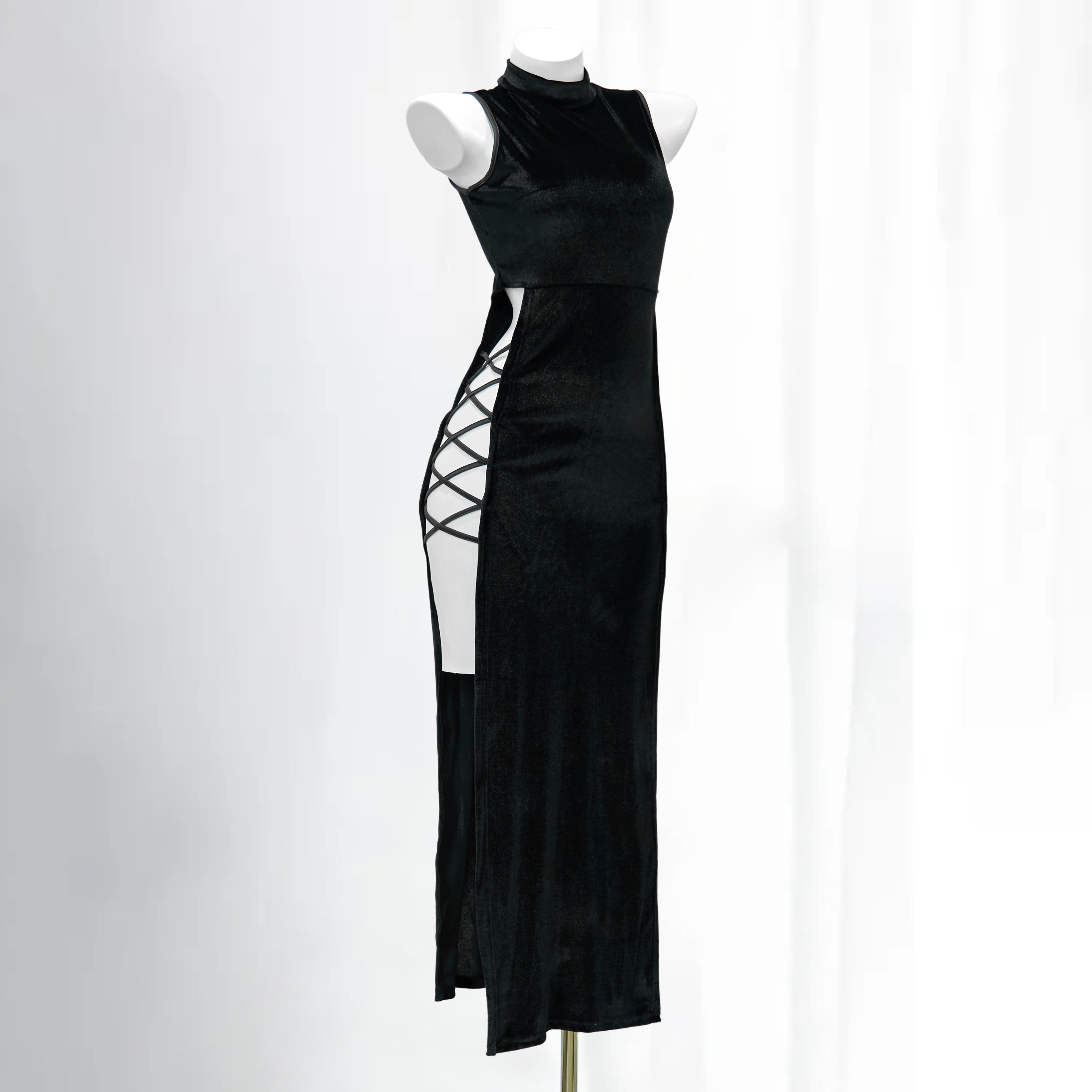 Velvet Lace Up Hollow Out Side Split Dress MODAKAWA Velvet Lace Up Hollow Out Side Split Dress MODAKAWA