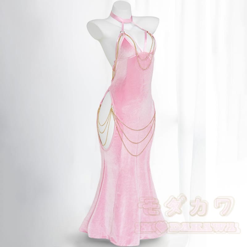 backless chain fishtail dress Sexy Halter Hollow Out Backless Chain Fishtail Dress  MODAKAWA