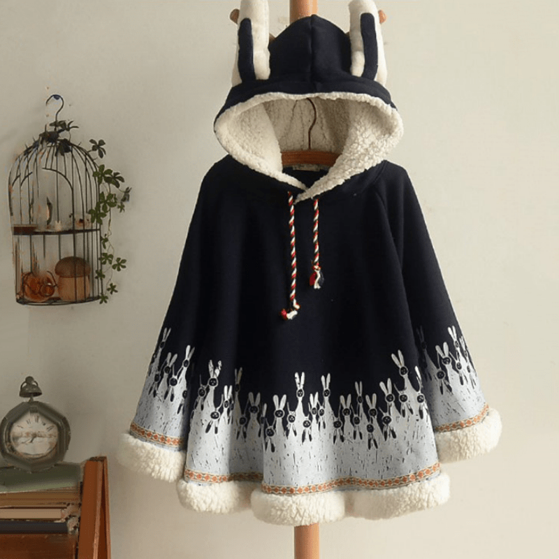 Cute Bunny Ears Print Plush Cloak Sweatshirt
