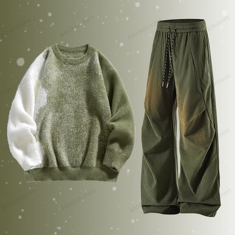 Gradient Fuzzy Sweater Corduroy Pants Two Pieces