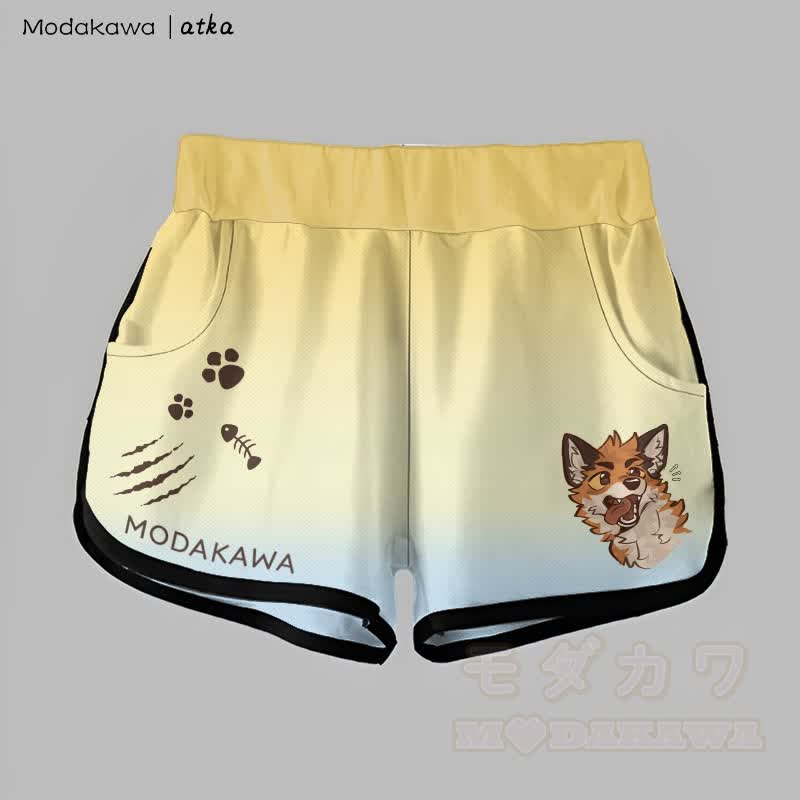 MODAKAWA X atka Gradient Playful Fox Face Graphic Shorts - Yellow&Blue - 5XL - image 2