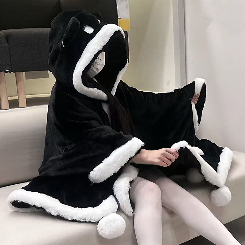 Ghost Cat Plush Hooded Cape Robe Pajamas