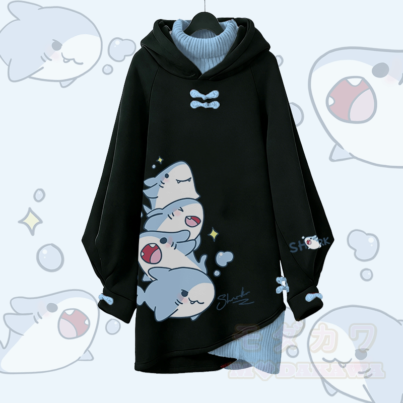Playful Shark Graphic Modakawa Buckle Vintage Hooded Sweatshirt Dress - Black A - 3XL - image 1