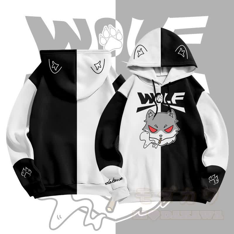 MODAKAWA Color Block Smoking Wolf Graphic All Over Print Pullover Hoodie - White&Black - 6XL - image 1