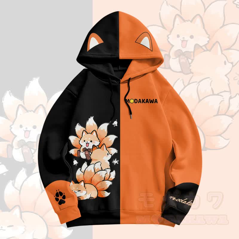 MODAKAWA Color Block Nine-tailed Fox Graphic All Over Print Pullover Hoodie - Black&Orange - 6XL - image 2