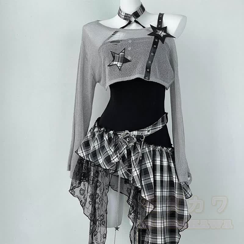 Gothic Sheer Mesh Top Plaid Dress Two Pieces Set