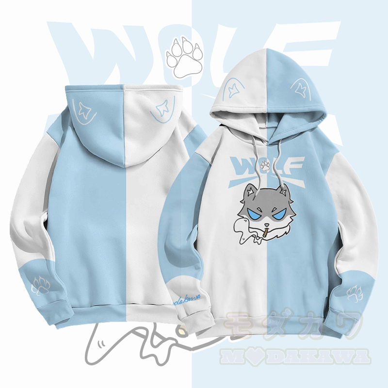 MODAKAWA Color Block Smoking Wolf Graphic All Over Print Pullover Hoodie - Blue&White - 6XL - image 2