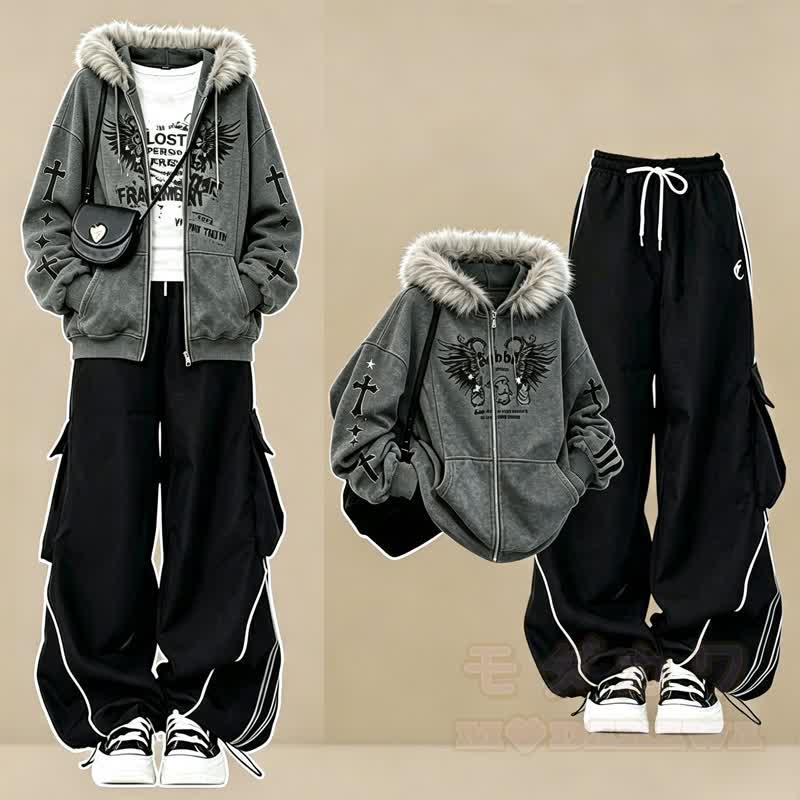 Gothic Wing Cross Print Zip Up Hoodie Cargo Stripes Pants Three