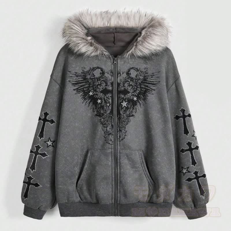 Gothic Wing Cross Print Zip Up Hoodie Cargo Stripes Pants Three