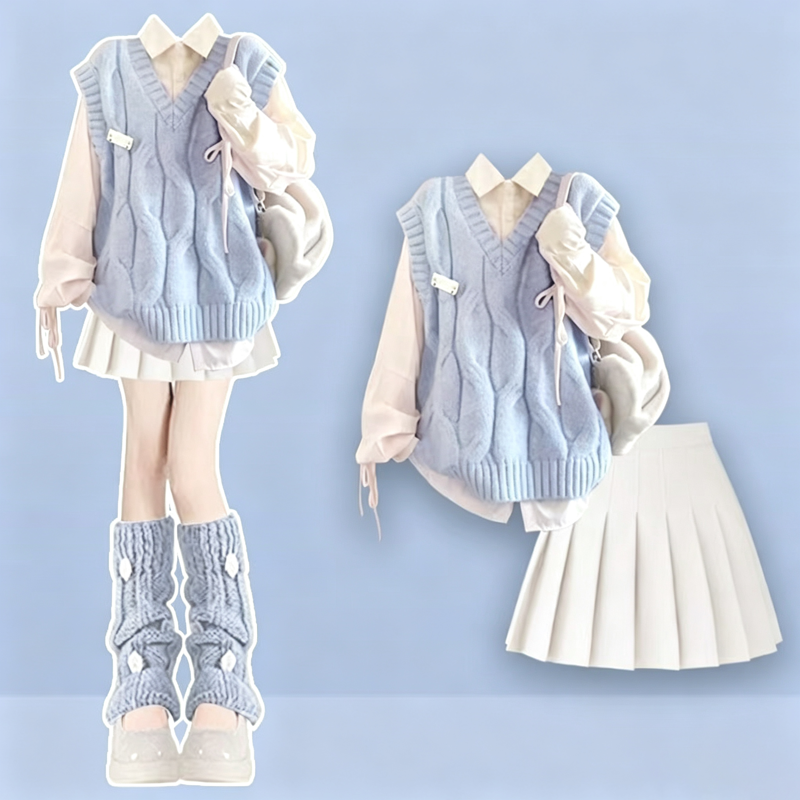 College Style Sailor Collar Sweatshirt Ruffled Tiered Skirt Three Piece Set