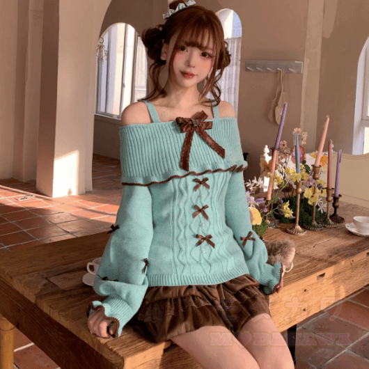 Bow Knit Off-Shoulder Sweater with Skirt Two Pieces Set