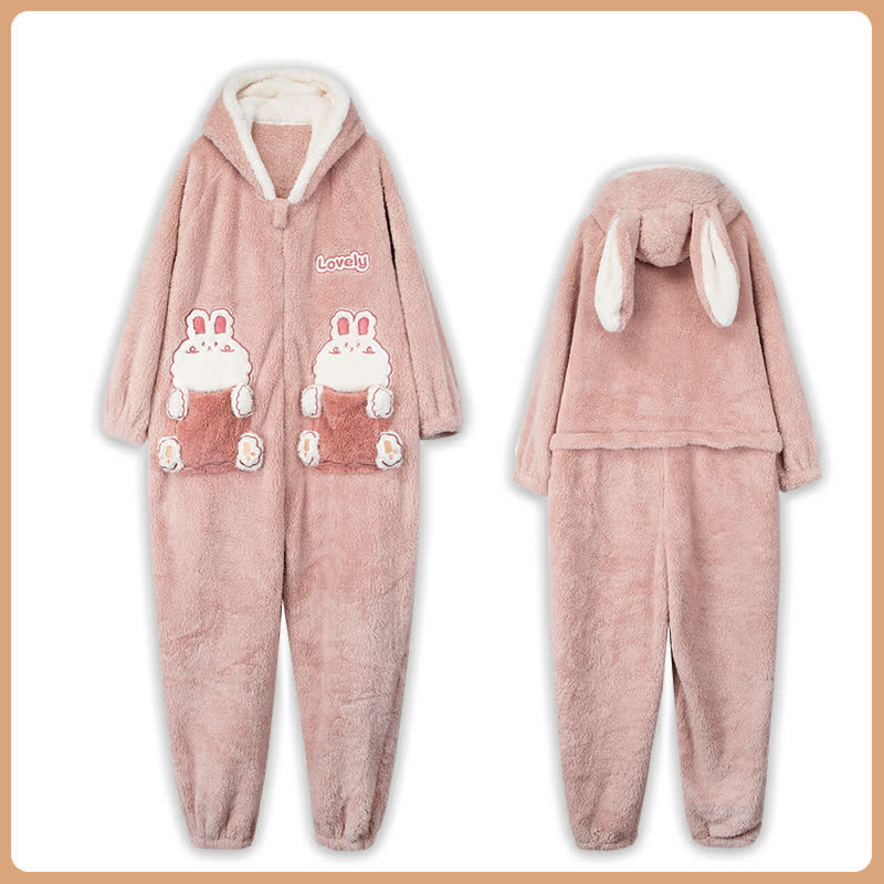 Sweet Bunny Hooded Onesies Women Pajamas Cute Pijama Winter Warm Sleepwear  Kawaii Female Nightwear Pyjamas Jumpsuit