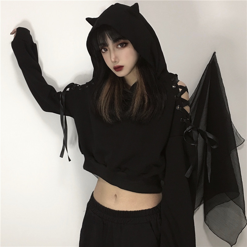 Cat Ears Lace Up Short Hoodie Black