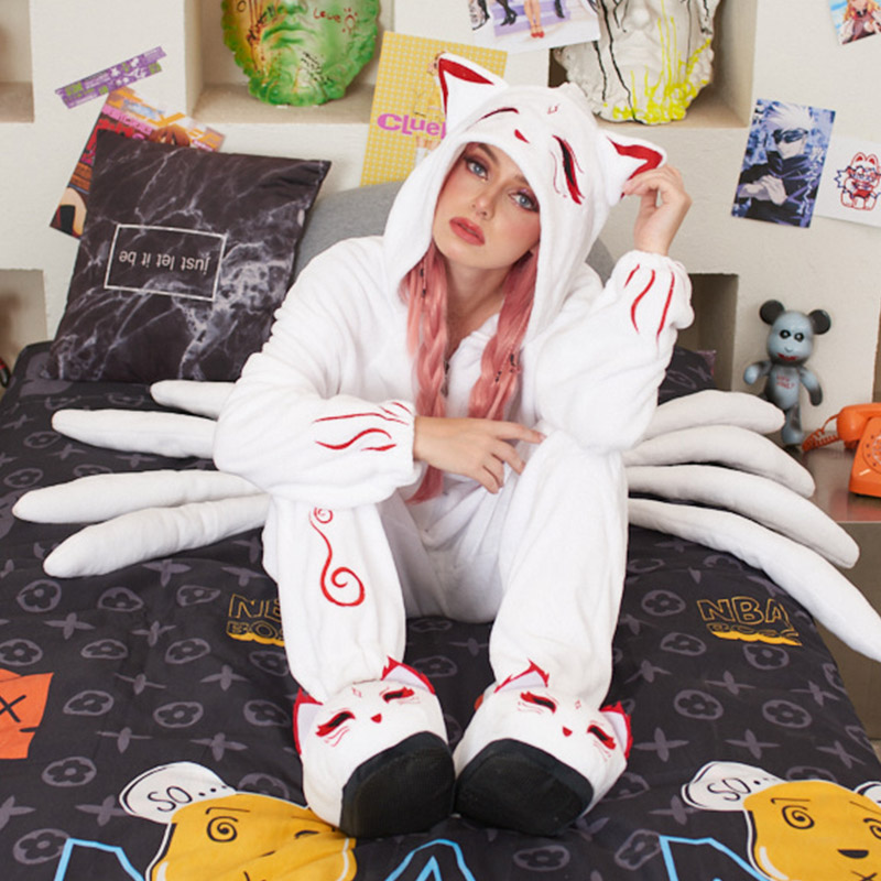 Nine tailed Fox Plush Pajamas Hooded Winter Sleepwear