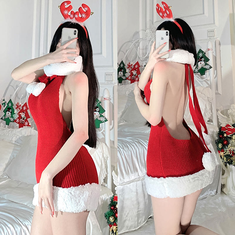 Sexy High Collar Back Hollow Out Christmas Sweater Lingerie