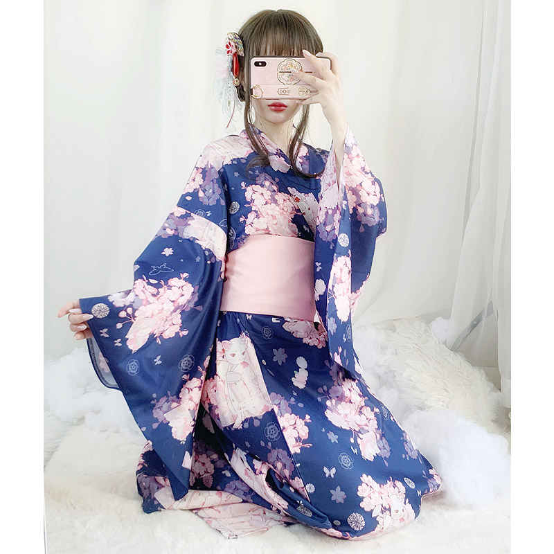 Vintage V-Neck Cat Sakura Print Kimono Dress