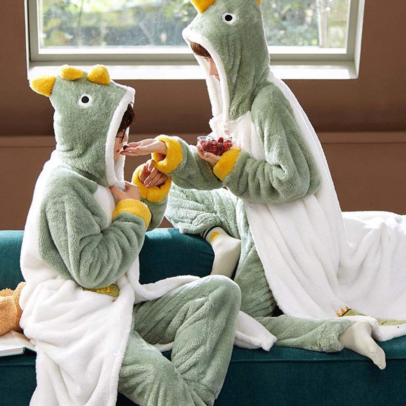 Girlfriend Boyfriend Cartoon Dinosaur Hooded Plush Pajamas Set