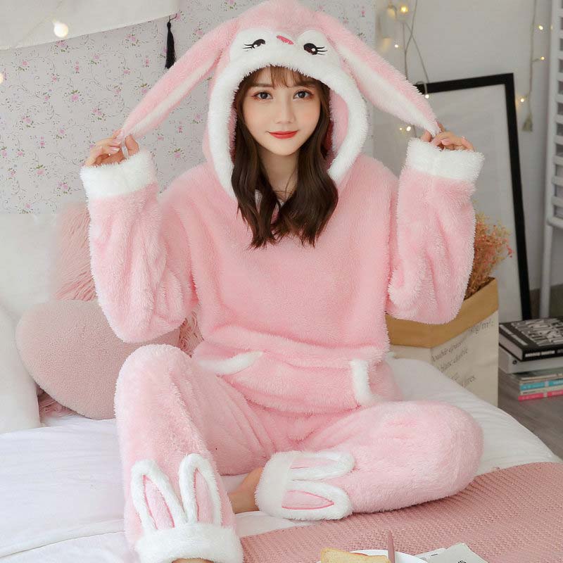Cute Bunny Ear Bear Hooded Pajamas Set