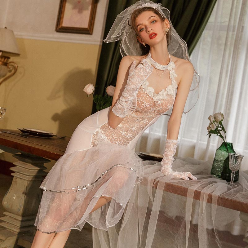 Sexy Women's Wedding Dress Uniform Cosplay Lingerie Set Lace Transparent  Dress