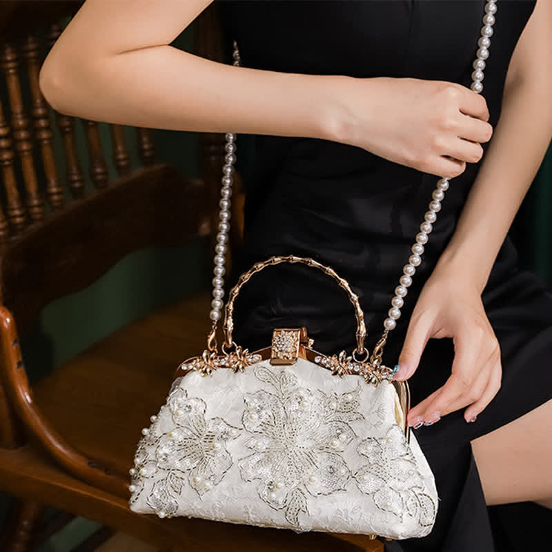 Vintage Sequin Blossom Pattern Pearl Chain Crossbody Bag