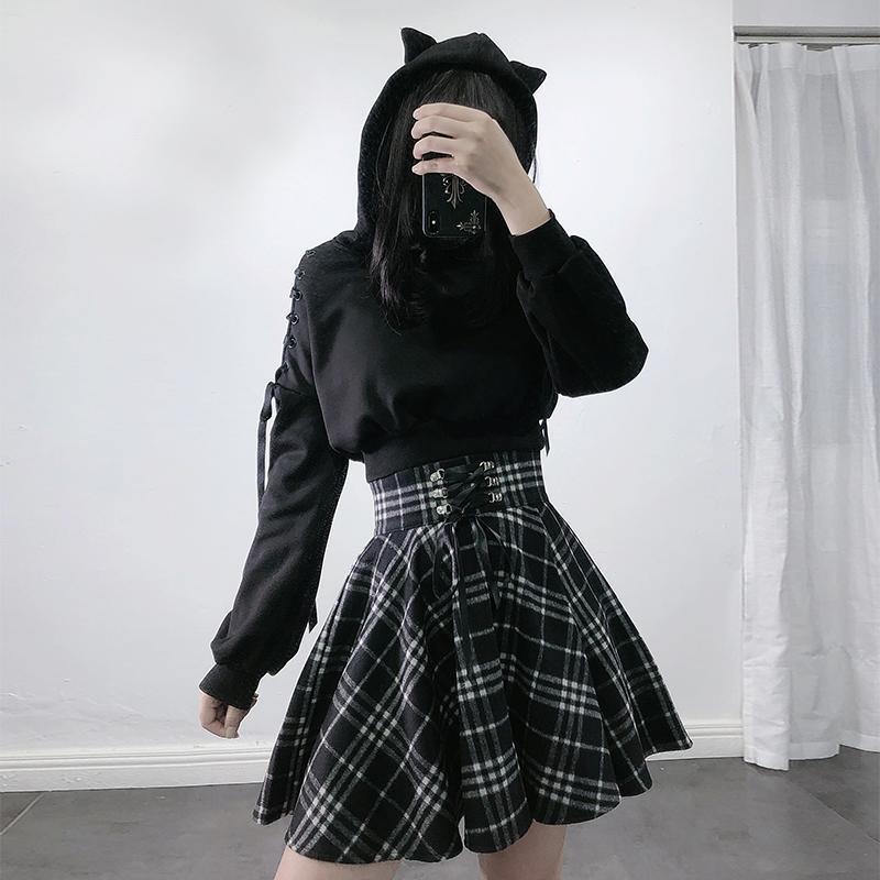 Cat Ears Lace Up Short Hoodie Black