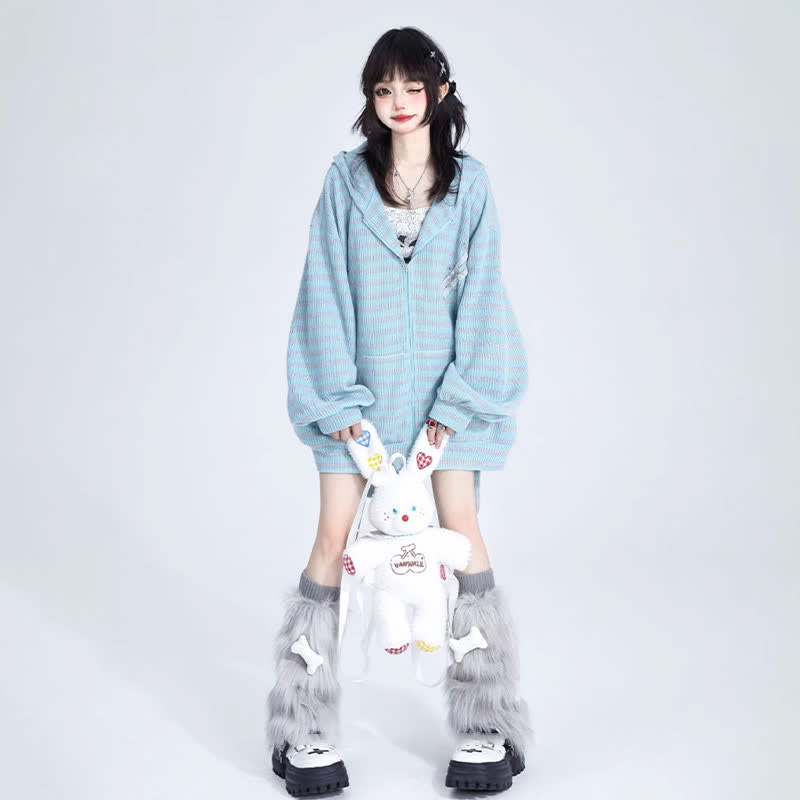 Long Bunny Ears Pocket Oversize Zipper Hooded Sweatshirt