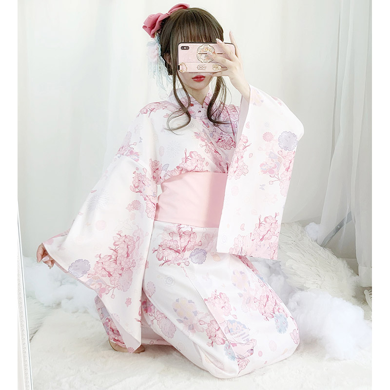 Vintage V-Neck Cat Sakura Print Kimono Dress