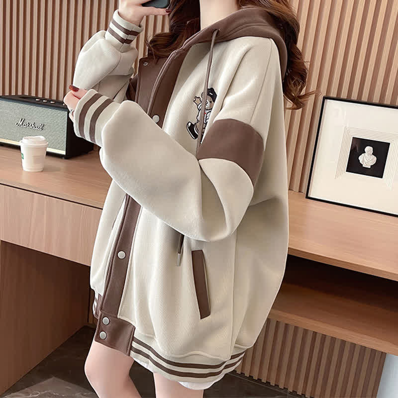 Cartoon Bear Embroidery Colorblock Loose Hooded Sweatshirt