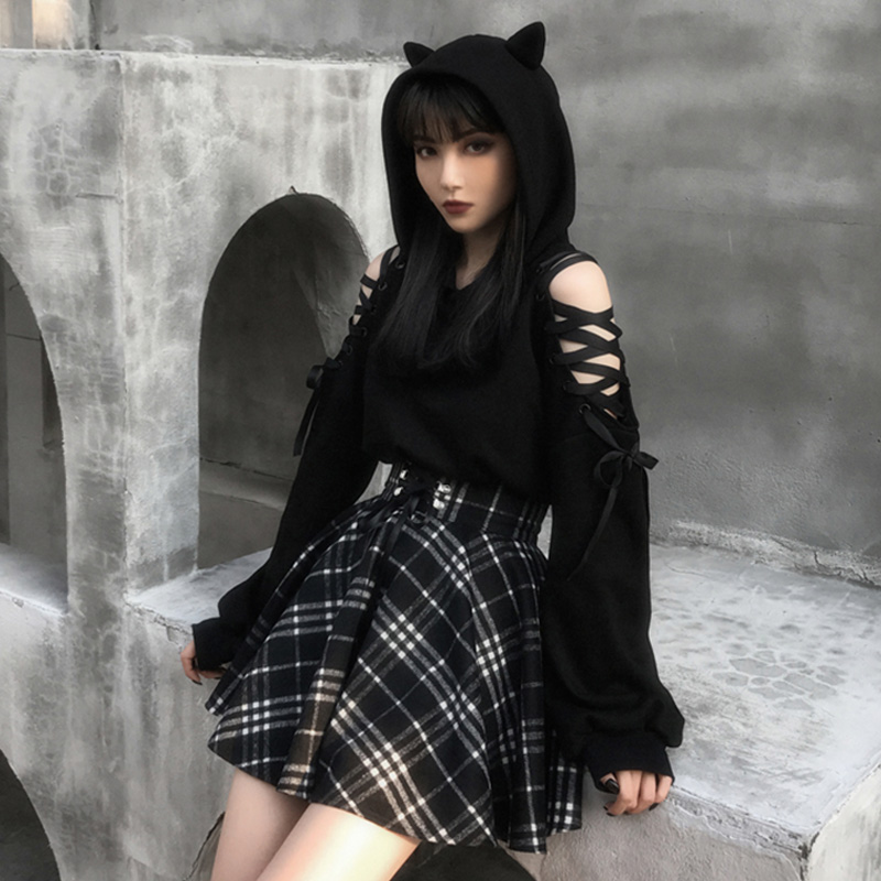 Cat Ears Lace Up Short Hoodie Black