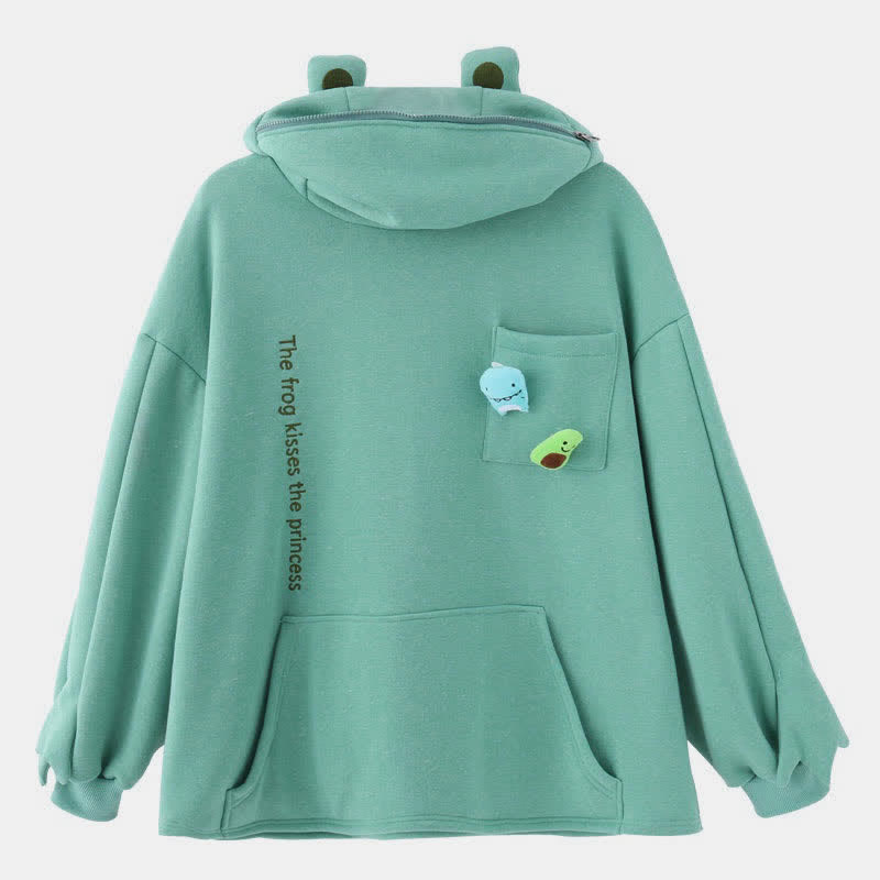 Frog Letter Zipper Pocket Oversized Hoodie THE FROG KISSES THE