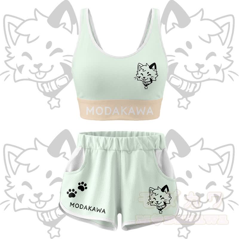 Kitty Graphic Crop Tank Sport Top Shorts Modakawa Matching Outfit