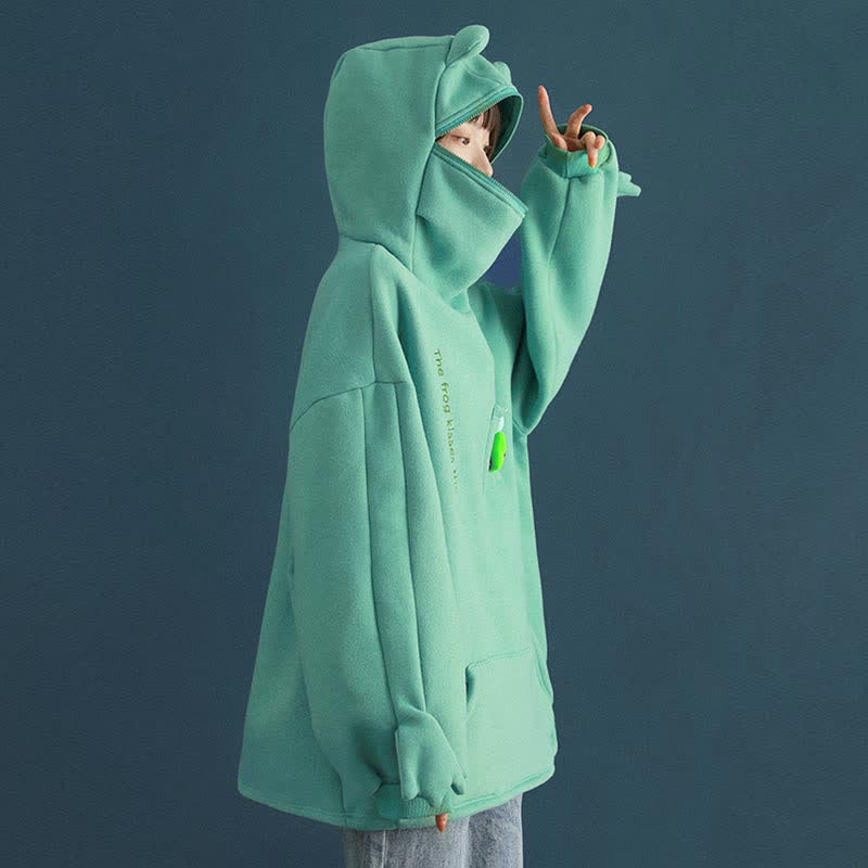 Frog Letter Zipper Pocket Oversized Hoodie THE FROG KISSES THE