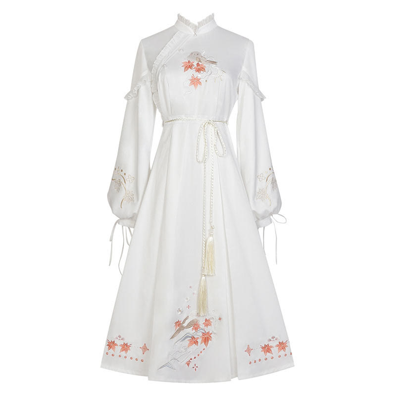 Vintage Plush Flower Embroidery Vest Lace-up Dress Two Pieces