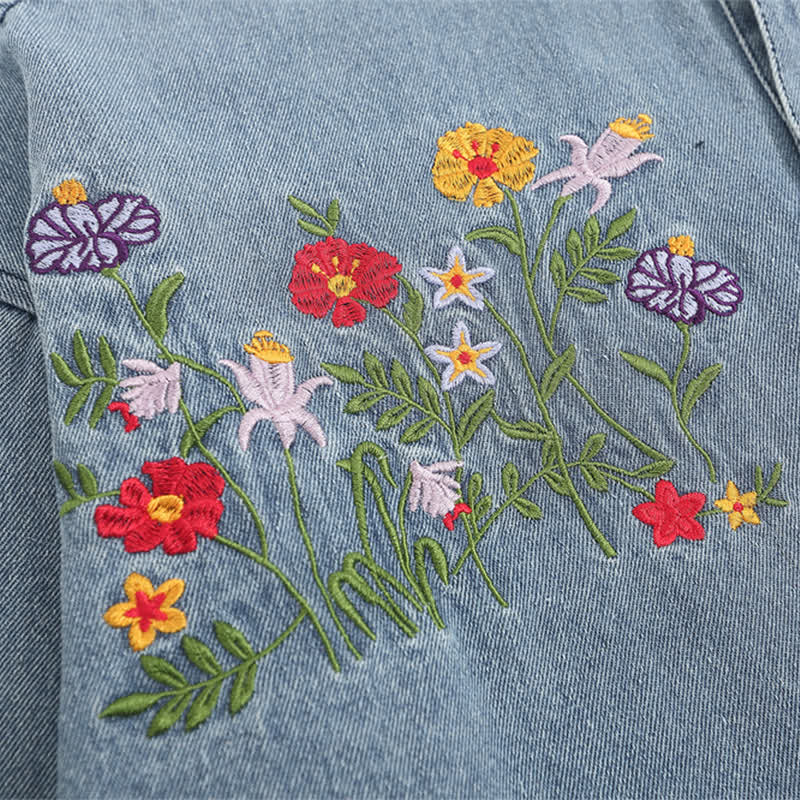 Vintage Flower Embroidery Long Sleeve Denim Shirt