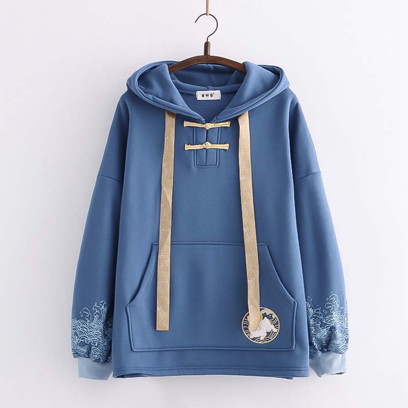 Vintage Rabbit Embroidery Wave Print Hoodie