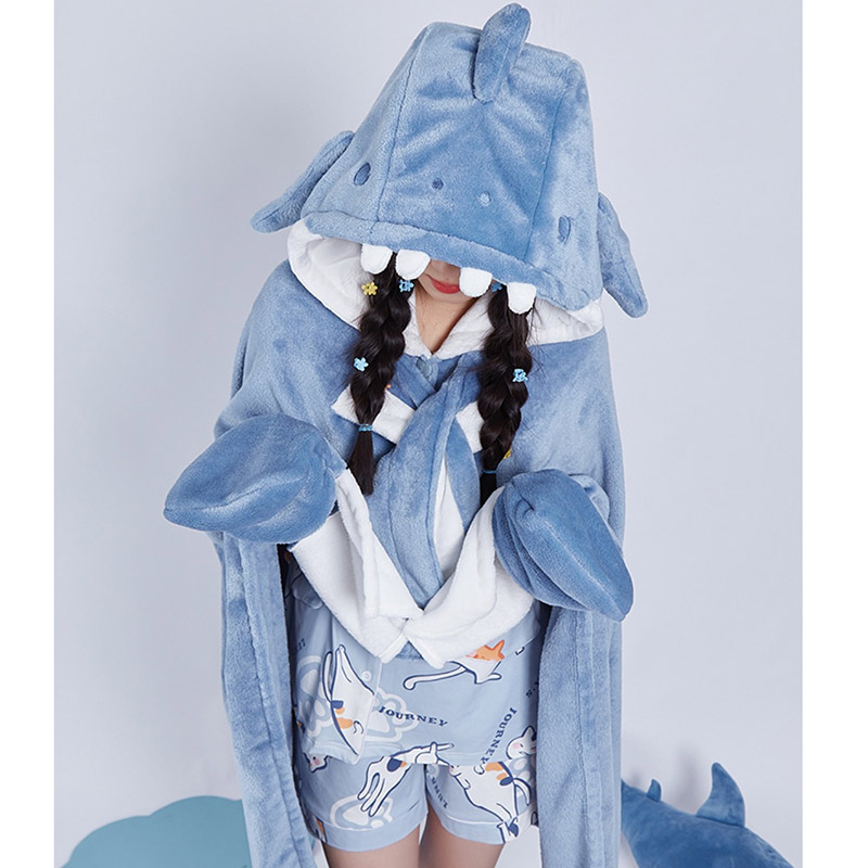 Cartoon Shark Blanket Soft Cozy Shark Shawl Cape Hooded Wearable