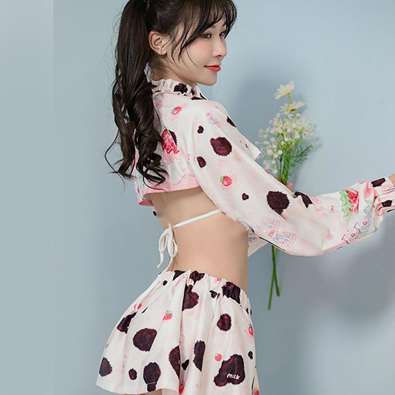 Cartoon Cow Strawberry Print Lingerie Set