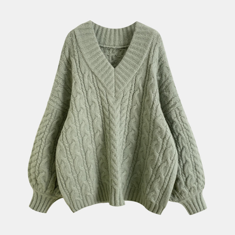 V-neck Green Cable Sweater