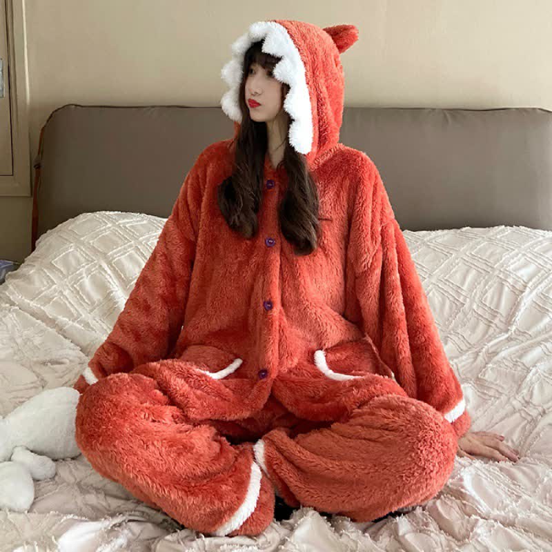 Shark Women's Pajamas Flannel Hooded Sleepwear Kawaii Pijama Female Set  With Pants Cute Pyjamas Halloween Party Loungewear