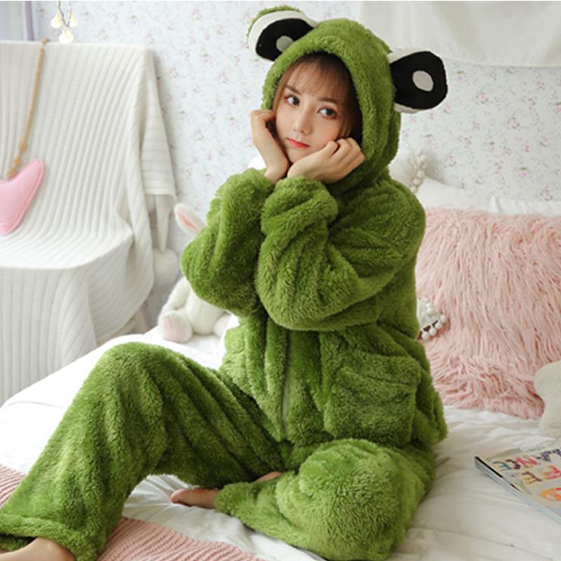 Frog Dinosaur Ears Hooded Plush Pajamas Set