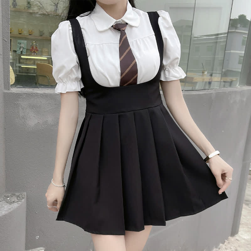 Puff Sleeve T-Shirt Tie Pleated Suspender Skirt Set - Kawaii Fashion Shop