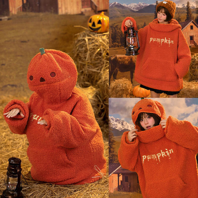 Funny Pumpkin Embroidery Pocketed Plush Hoodie