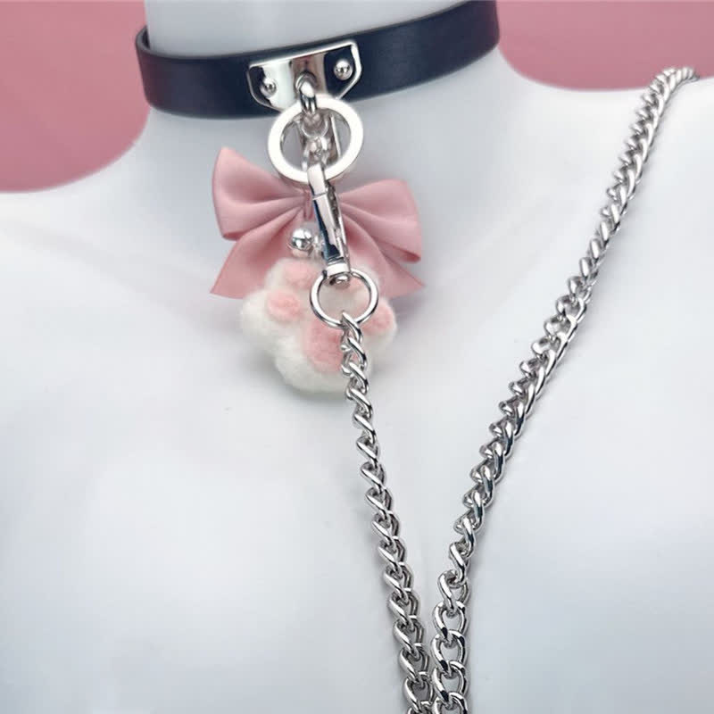 Pink Sexy Choker - Harajuku Style Bowknot Bell Choker with Chain Leash