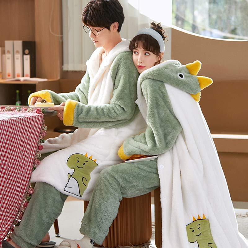 Girlfriend Boyfriend Cartoon Dinosaur Hooded Plush Pajamas Set