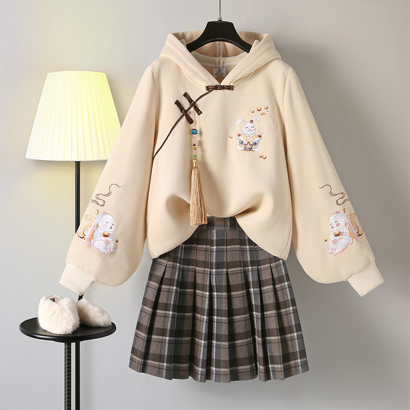Cute Bunny Print Fringed Two Pieces Vintage Sweatshirt Skirt Set