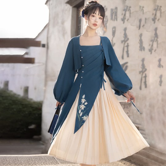 Pure Color Top Floral Embroidery Colorblock Pleated Slip Dress Hanfu ...