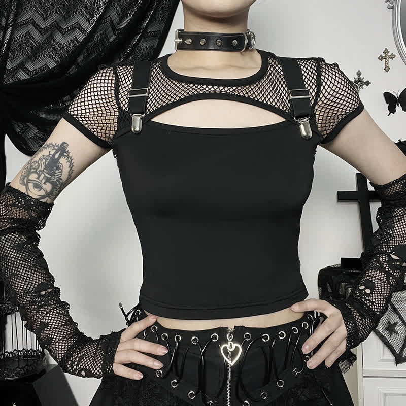 Gothic Hollow Out Mesh Sleeve Crop Top T-Shirt