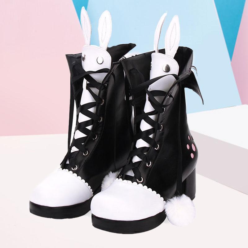 Bunny Ears Lace-up Fuzzy Ball Collar High Heel Lolita Boots